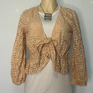 Women’s Beige Eyelet Tie Front Peplum Blouse Boho Cottagecore Long Sleeve Top
